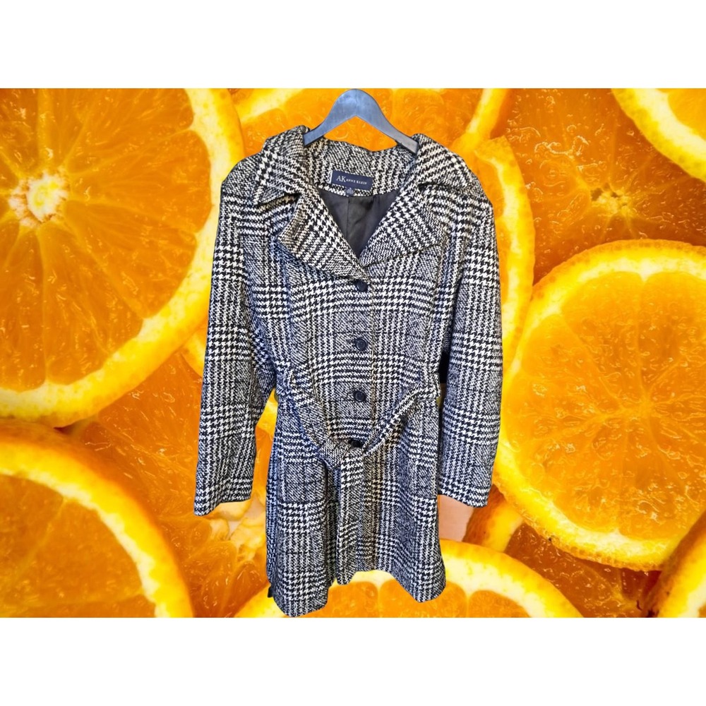 Anne Klein XL Houndstooth Wool Blend Belted Trench Coat Black White XL